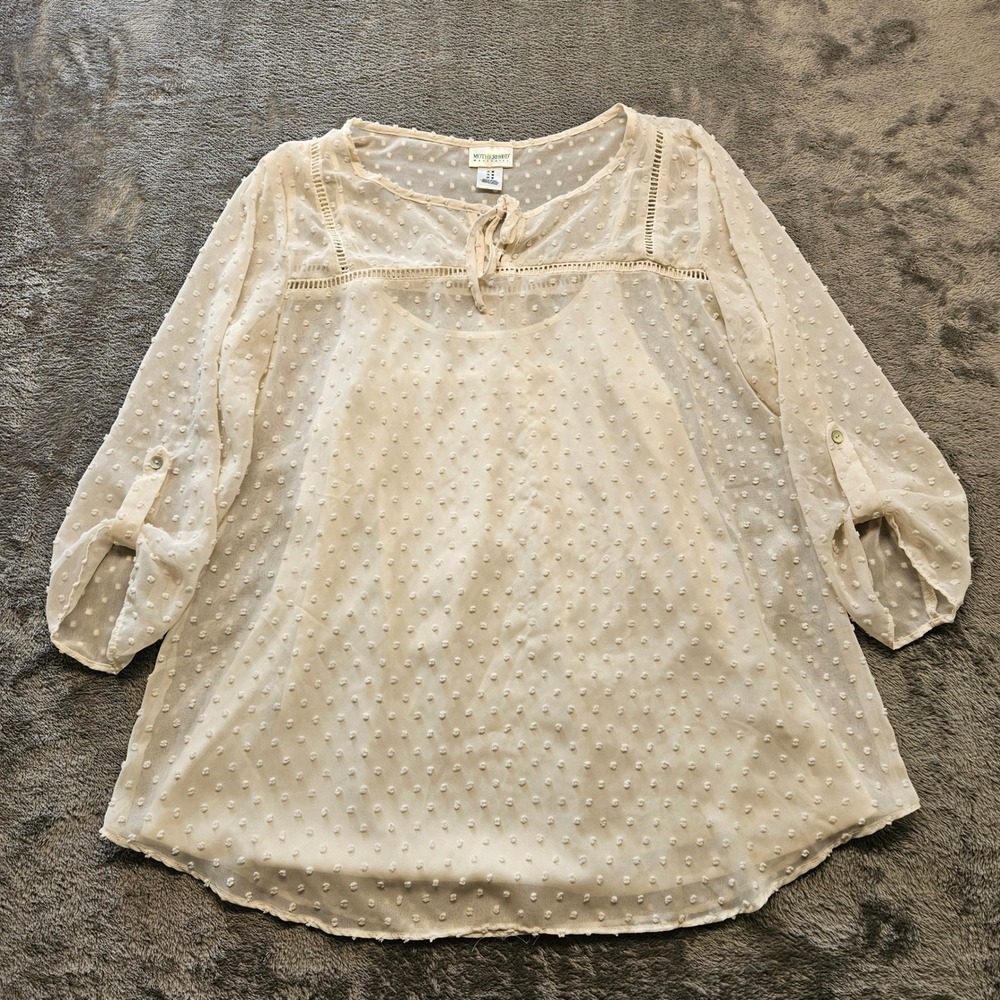Motherhood Maternity Cream Swiss Dot‎ Roll Tab Sleeve Blouse Medium